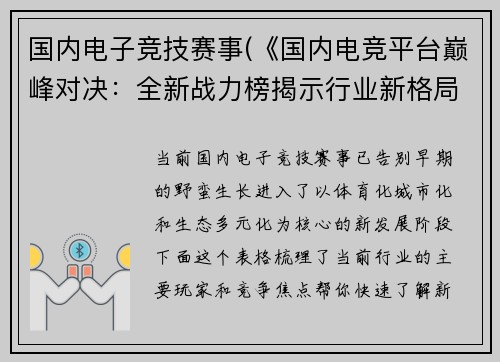 国内电子竞技赛事(《国内电竞平台巅峰对决：全新战力榜揭示行业新格局》)